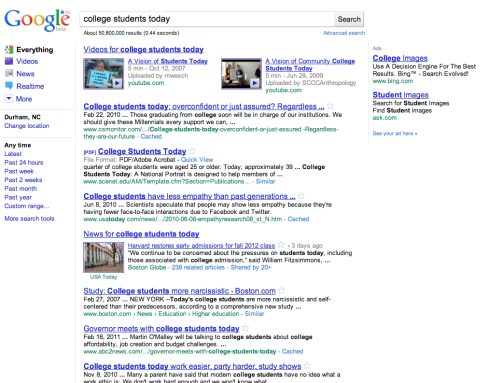 Google search for "College students today"